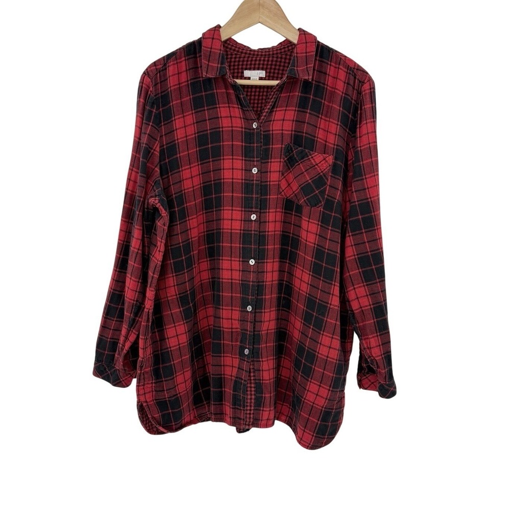 J.Jill Red & Black Plaid Button Flannel‎ Shirt XL Preppy Pockets Holiday Cotton